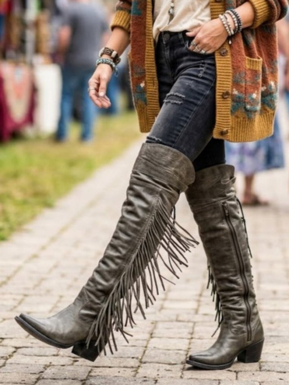 AS98 Airstep Leather Fringe Over the Knee Western Festival Boots EU 37.5